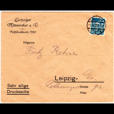DR 1923, EF 10 Mk. auf Drucksache Brief des Leipziger Männerchor e.V.