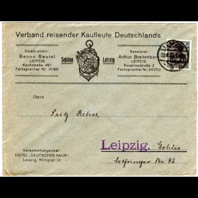 DR 1922, EF 75 Pf. Germania auf illustriertem Orts-Brief v. Leipzig.