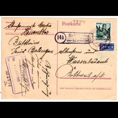 BRD 1949, Landpost Stpl. BRITTHEIM über Balingen auf Karte m. 10 Pf.