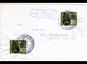 BRD 1959, Landpost Stempel 14b OBERNDORF über Tübingen auf Brief m. 2x10 Pf. 