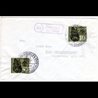 BRD 1959, Landpost Stempel 14b OBERNDORF über Tübingen auf Brief m. 2x10 Pf. 