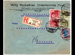DR 1922, 5 Germania Marken auf Firmen Einschreiben Brief v. Lobenstein