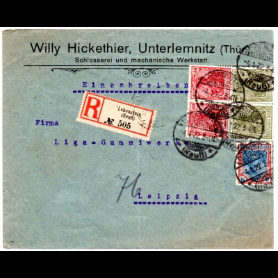DR 1922, 5 Germania Marken auf Firmen Einschreiben Brief v. Lobenstein