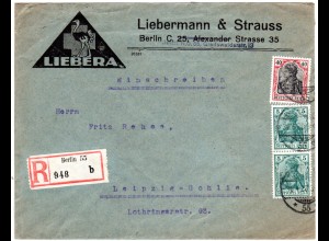 DR 1920, 40+2x5 Pf. Germania auf Firmen Einschreiben Brief v. Berlin 55