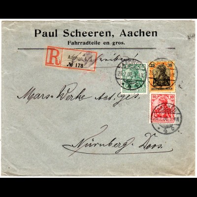 DR 1908, 5+10+25 Pf. Germania auf Fahrrad Firmen Einschreiben Brief v. Aachen