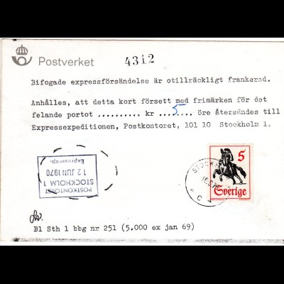 Schweden 1970, EF 5 öre auf Postformular betr. fehlendes Express Porto. 