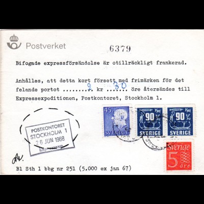 Schweden 1968, 5+45+ Paar 90 öre auf Postformular betr. fehlendes Express Porto 