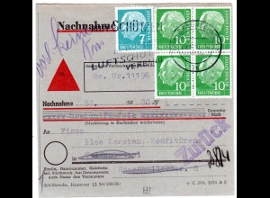 BRD 1958, 7+4er-Block 10 Pf sauber entwertet auf NN Paketkarte v. Braunschweig.