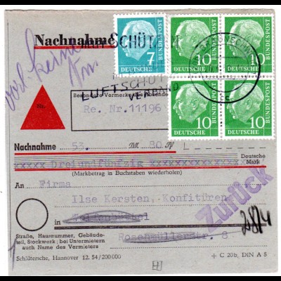 BRD 1958, 7+4er-Block 10 Pf sauber entwertet auf NN Paketkarte v. Braunschweig.