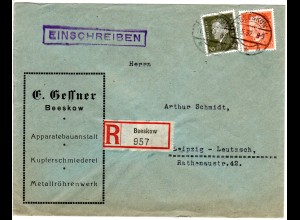 DR 1932, 12+30 Pf. auf Firmen Einschreiben Brief v. Beeskow n. Leipzig.