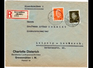 DR 1932, 12+30 Pf. auf Firmen Einschreiben Brief v. Grevesmühlen n. Leipzig.