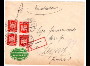 DR 1925, MeF 4x10 Pf. auf Firmen Einschreiben Brief v. Rosswein n. Leipzig.