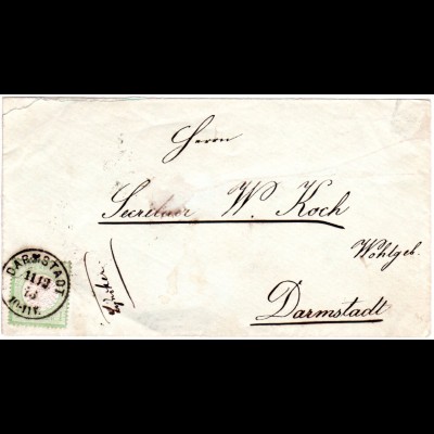 DR 1873, EF 1 Kr. gr. Brustschlid auf Orts Brief m. klarem K1 Darmstadt