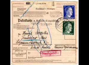 DR Ostmark 1943, 25+50 Pf. auf Paketkarte v. Krems-Furth m. Nachgebühr 80 Pf.