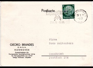 DR 1937, 6 Pf. m. Firmenlochung auf Karte v. Hannover