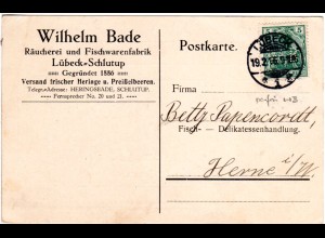 DR 1916, 5 Pf. Germania m. Firmenlochung auf Karte v. Lübeck-Schlutrup