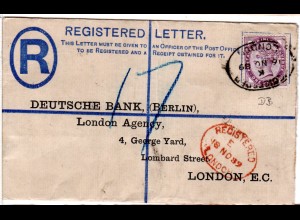 GB 1889, 1d m. perfin auf 2d Einschreiben Ganzsache Brief v. London.