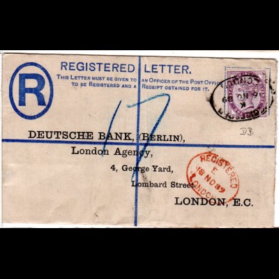GB 1889, 1d m. perfin auf 2d Einschreiben Ganzsache Brief v. London.
