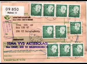 Schweden 1974, Massenfrankatur 10x50 öre auf Paketkarte v. Malmö.