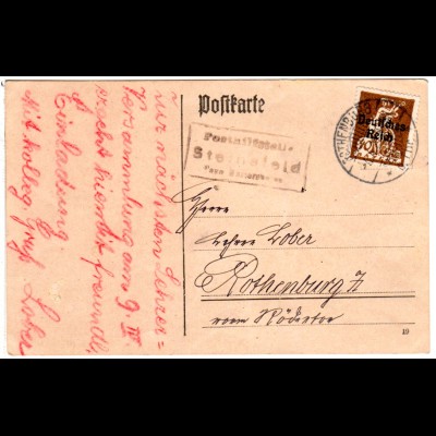 DR 1921, Bayern Posthilfstelle STEINSFELD Taxe Hartershofen auf Karte m. 40 Pf.