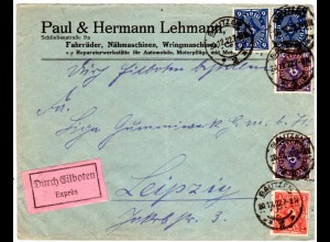 DR 1922, 5 Marken auf portorichtigem Firmen Eilboten Brief v. Bautzen.