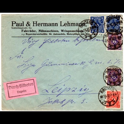 DR 1922, 5 Marken auf portorichtigem Firmen Eilboten Brief v. Bautzen.