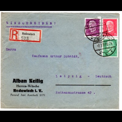 DR 1931, 5+15+40 Pf. auf portorichtigem Firmen Einschreiben Brief v. Rodewisch