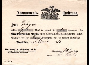 Magdeburg 1912, Abonnementsquittung f.d. Magdeburgische Zeitung m. Wappenadler
