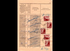DDR 1950, 5x20 Pf. f. Gebühren auf Seite eines Posteinlieferungsheftes v. Loitz
