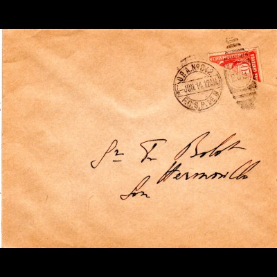 Mexiko 1914, Transitorio 10 C. Diagonal Halbierung auf gelaufenem Brief. 