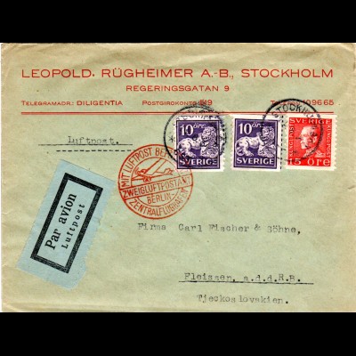 Schweden 1934, 15+2x10 öre auf Luftpost Brief v. Stockholm i.d. Tschechoslowakei