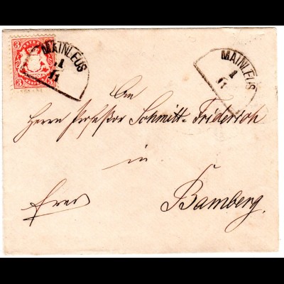Bayern 1875, 3 Kr. WZ "weite Welle" auf Brief m. klarem HKS MAINLEUS