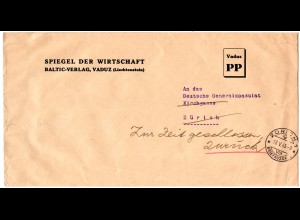 Liechtenstein Schweiz 1945, Drucksache m. RETOUR Vermerk Botschaft Geschlossen