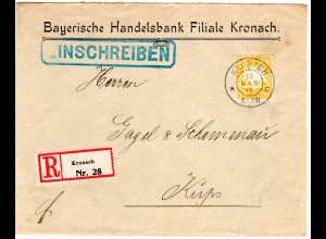 Bayern 1911, EF 40 Pf. auf Bank Einschreiben Brief v. Kronach n. Küps.
