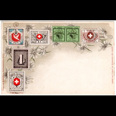 Schweiz, alte Marken, ungebr. Litho Karte m. Klassik Briefmarken