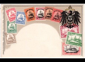 Deutsche Kolonien, ungebr. Litho Präge Karte m. DOA Briefmarken