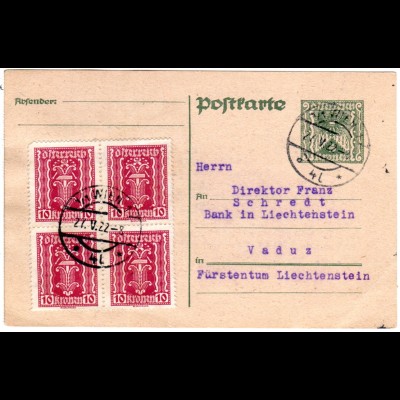 Österreich 1922, 4er-Block 10 Kr. auf 5 Kr. Ganzsache v. Wien n. Liechtenstein