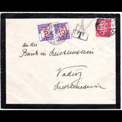 DR 1930, 15 Pf. auf Trauer Brief v. München mit Liechtenstein 5+15 Rp. Porto