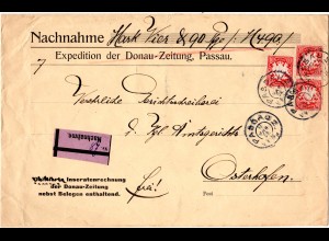 Bayern 1904, 3x10 Pf. auf Nachnahme Brief der Donau Zeitung Passau n. Osterhofen