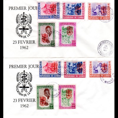 Guinea 1962, WHO Malaria Aufdruck rot u. orange, 2 kpl. Serien auf 2 FDC