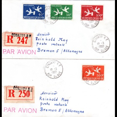 Guinea 1962, Brieftauben Ausgabe kpl., alle 4 Werte auf 2 Einschreiben Briefen