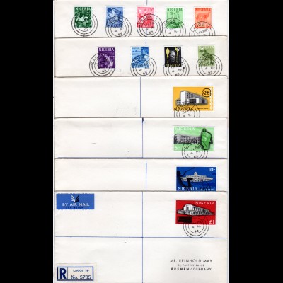 Nigeria 1963, Landesmotive kpl., 13 Werte auf 6 Briefen n. Deutschland. 