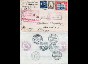 USA 1930, 3 Marken auf Luftpost Reko Brief n. Deutschland m. vielen Stempeln.