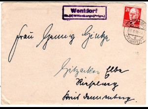 DDR 1950, Landpost Stpl. WENTDORF über Wittenberge auf Brief m. 24 Pf.