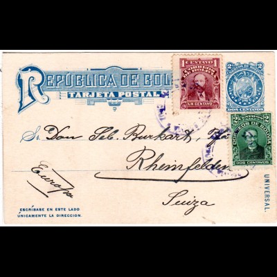 Bolivien 1907, 2 C. Ganzsache m. Zusatzfr. 1+2 C. v. Santa Cruz i.d. Schweiz.