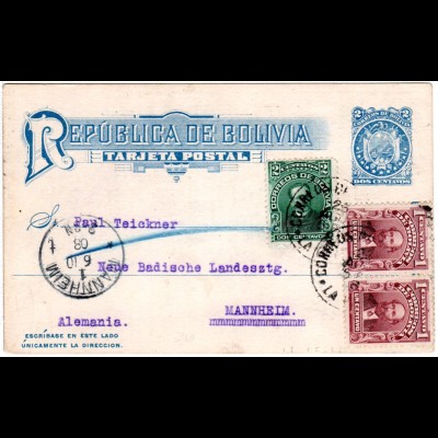 Bolivien 1908, 2 C. Ganzsache m. Zusatzfr. 2x1+2 C. v. La Paz n. Deutschland.