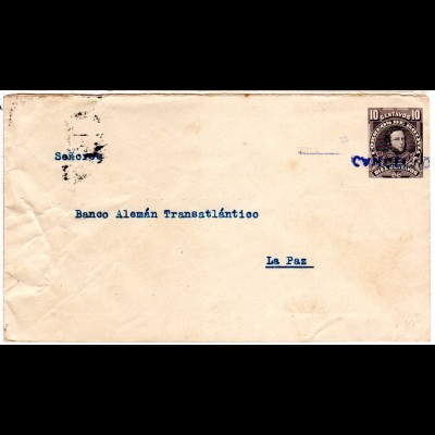 Bolivien 1921, 10 C. Ganzsache Brief m. L1 CANCELADO u. rücks. Ank.Stpl. La Paz
