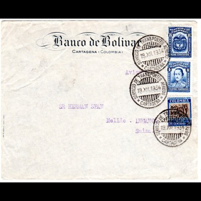 Bolivien 1934, 3 Marken auf Bank Luftpost Brief v. Cartagena i.d. Schweiz.