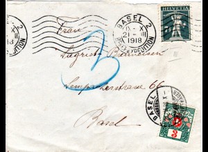 Schweiz 1918, 7 1/2 C. Tellknabe auf Ortsbrief v. Basel m. 3 C. Portomarke
