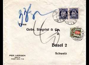 Norwegen 1930, Paar 15 öre auf Brief v. Oslo m. Schweiz 40 C. Portomarke